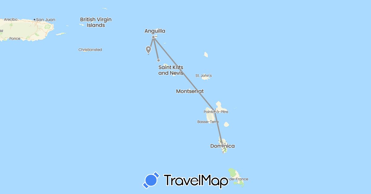 TravelMap itinerary: driving, plane in Dominica, France, Netherlands (Europe, North America)