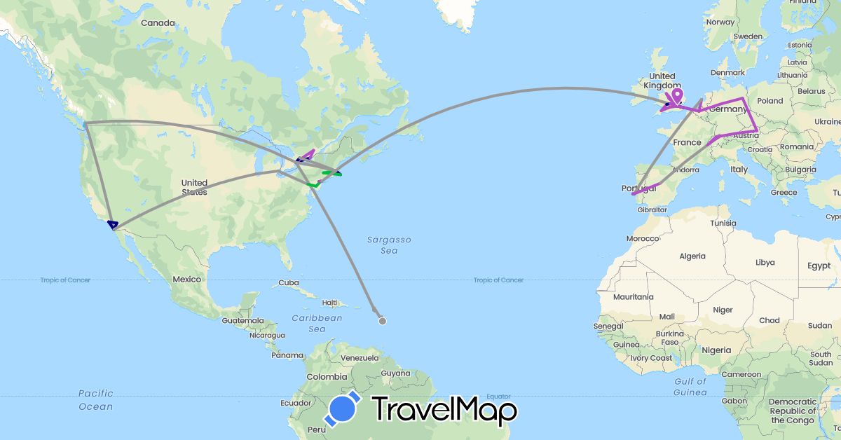 TravelMap itinerary: driving, bus, plane, train, boat in Austria, Belgium, Canada, Switzerland, Germany, Dominica, Spain, France, United Kingdom, Netherlands, Portugal, United States (Europe, North America)